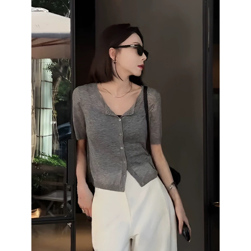 Summer New Style Slightly See-Through Short Cardigan for Women, Round Neck, 100% Tencel Knitwear, Short-Sleeved Outer Top, Women's Short-Sleeved Top