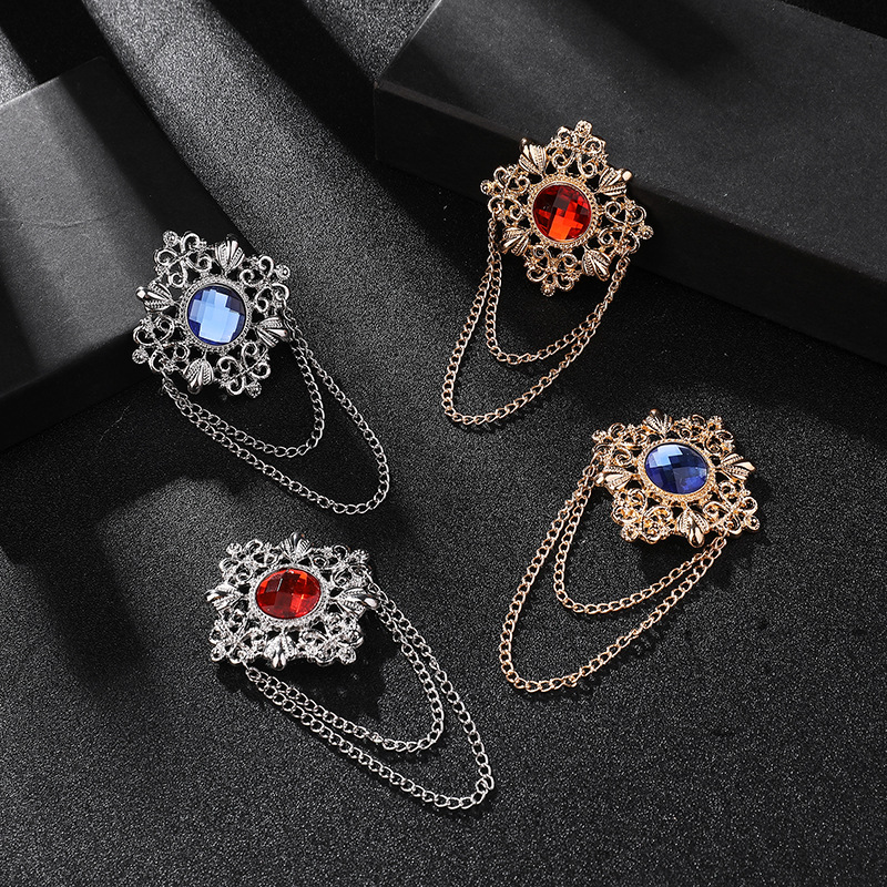 European and American Retro Palace Style Gem Brooch Men's Suit Accessories Pin Tassel Chain Personalized Texture