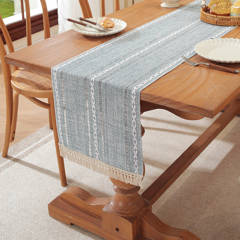 英创新款编制流苏北欧高级感镂空条纹简约风盖布餐边布亚马逊跨境