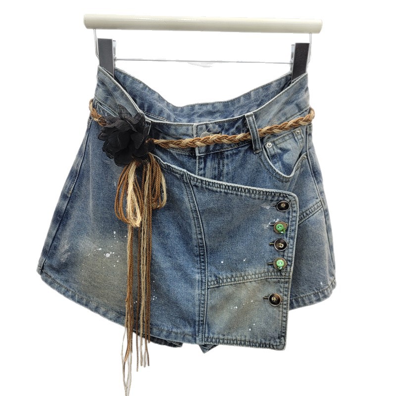 Falda Pantalón Corto de Mezclilla de Pierna Ancha de Mezclilla Efecto Desgastado