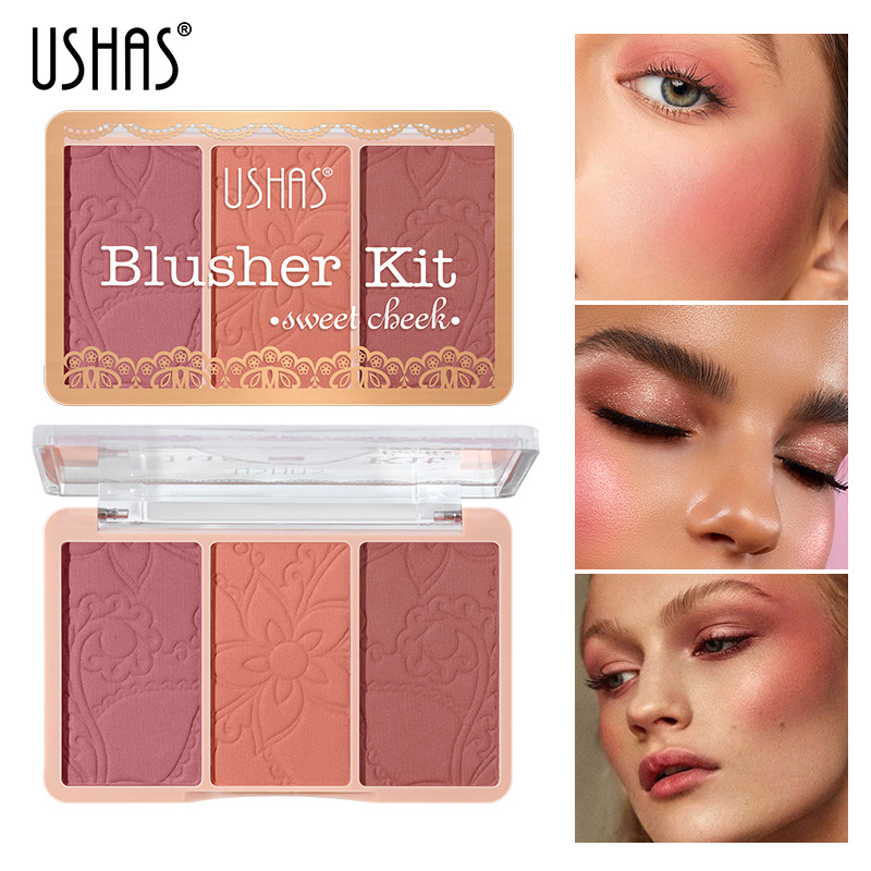 USHAS Amazon mezcla transfronteriza colorete degradado de tres colores plato de reparación de maquillaje desnudo natural rosa no es fácil de volar