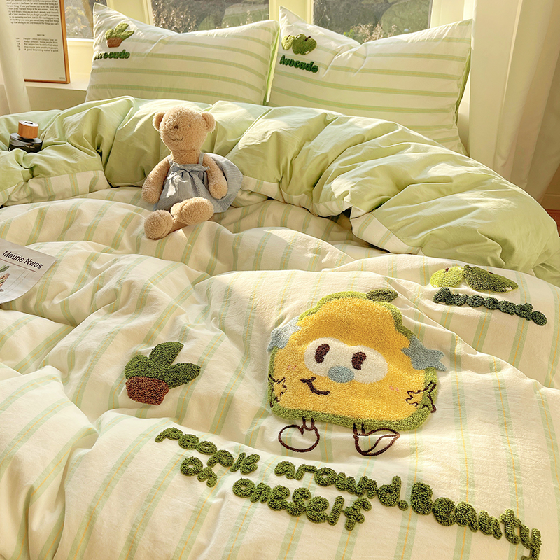 Cartoon Towel Embroidered Cotton Bed Four-piece Set Cotton Student Dormitory Girls' Bed Sheet Cover Three-piece Set Bedding