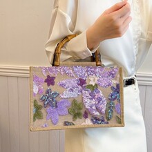 跨境新款竹节手提包高级感彩色亮片复古女士手拎重工刺绣潮晚宴包