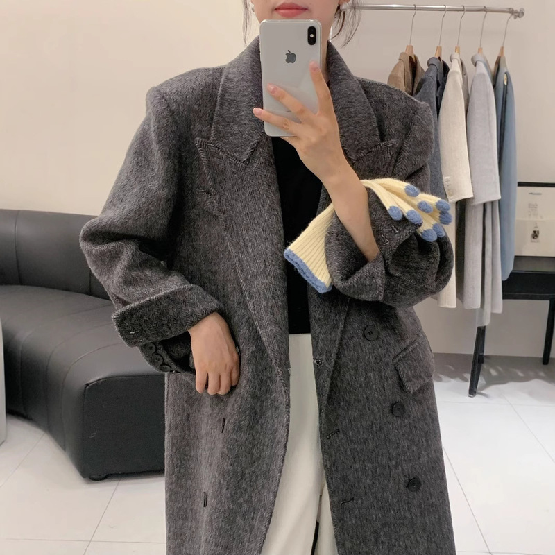 New Double-Sided Wool Shoulder-Length Coat for Women, Double-Breasted Gray Herringbone Cashmere Wool Suit Commuter Jacket