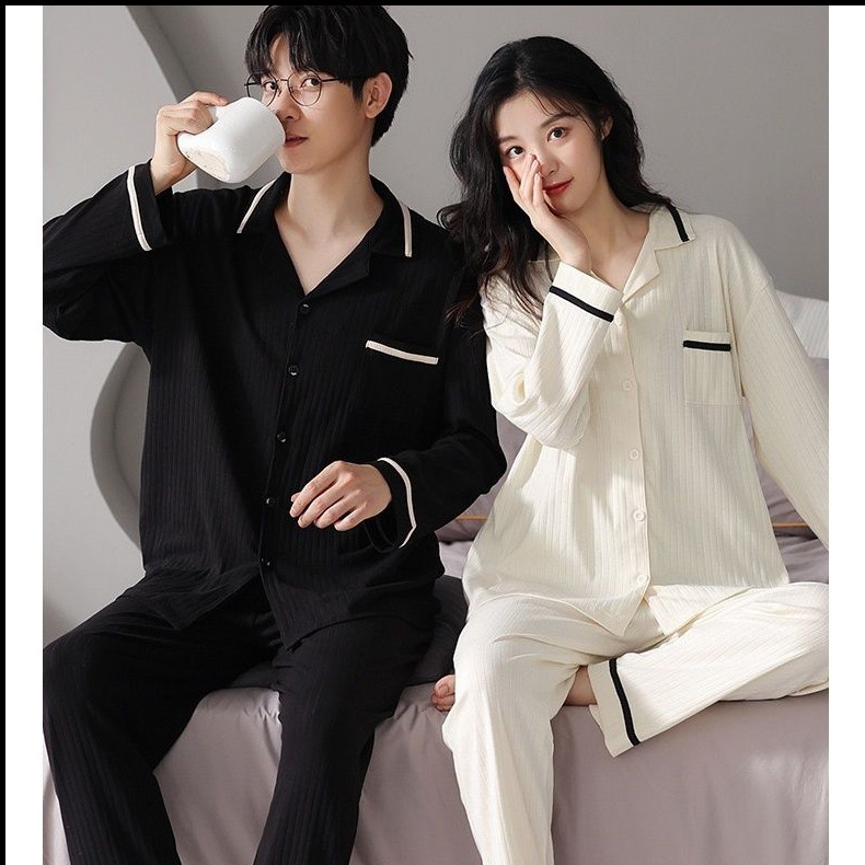 Nuevo primavera y otoño pareja pijama mujeres otoño algodón cardigan hombre solapa manga larga pantalones largos set de ropa de casa casa