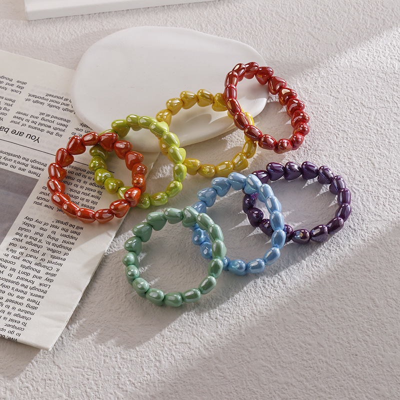 Colorful Heart-Shaped Painted Ab Material Handmade Beaded Bracelet, Low Budget, Vintage Trendy Heart-Shaped Trendy Jewelry Beads