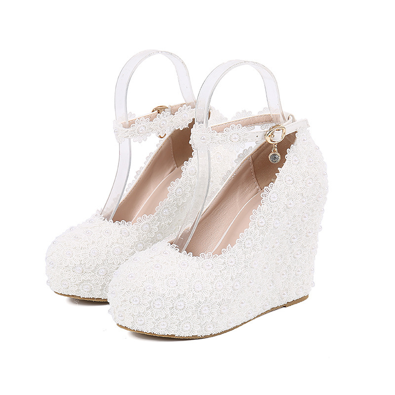 Spring 2022 Buckle Wedge Lace White Wedding Shoes Low-top Round-head Women's Daily Formal High-heeled Shoes