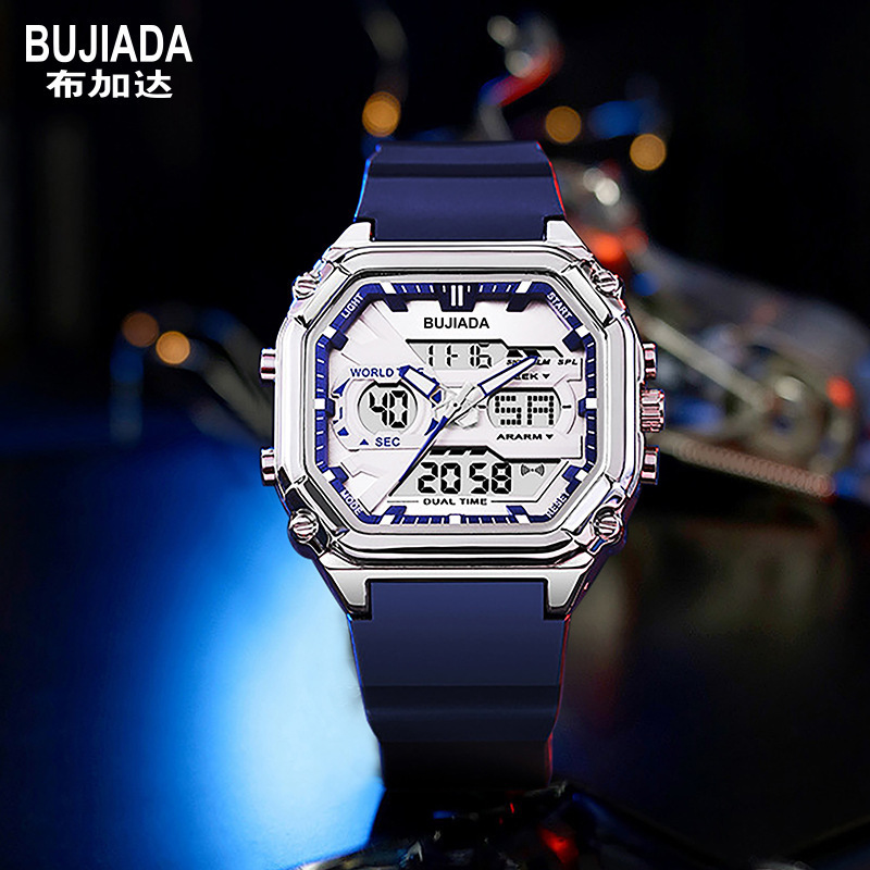BUJIADA 電子時計スクエアトレンド LED 多機能メンズ腕時計発光デュアルディスプレイ学生中空腕時計 2502|undefined