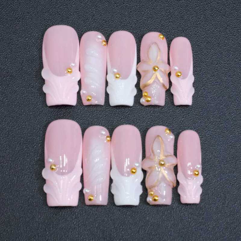 Purely Handmade European and American Cross-Border Wearable Nail Powder White Gradient Stereo Flower Shell Pearl Gold Luxury Fake Nails