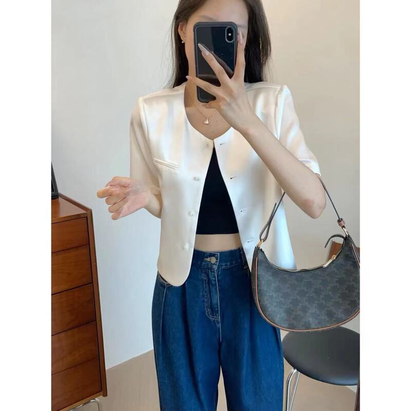 Customer-Supplied New Acetate H Version Round Neck Right Shoulder Lace Lining Small Fragrance Short-Sleeved Top Shirt Summer X0818X