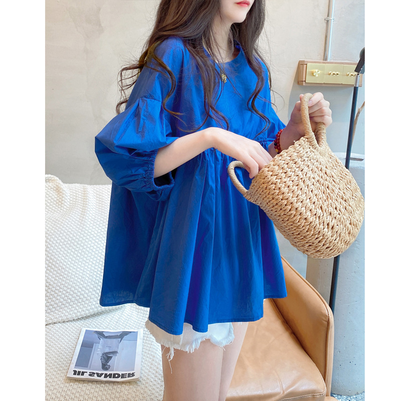 Summer Korean Style Round Neck Pullover Lantern Sleeve Puffy High-end Solid Color Cotton Shirt Doll Shirt Top Women Summer Korean Style Round Neck Pullover Lantern Sleeve Puffy High-end Solid Color Cotton Shirt Doll Shirt Top Women