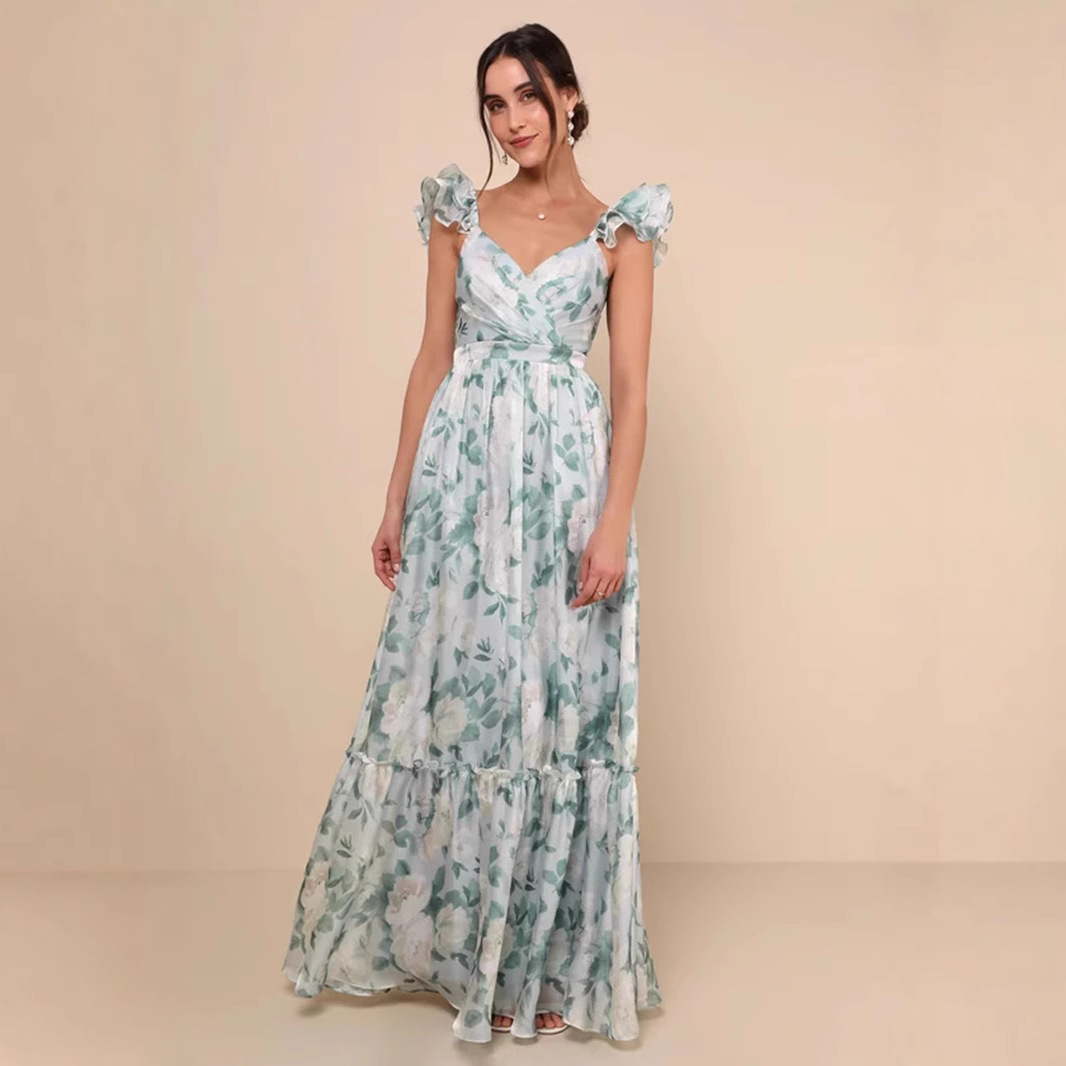 Women's Sexy Printed Deep V Ruffle Backless Top European American Style Summer Fashion Suspender Design_ecoleips.com