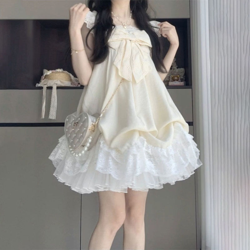 2025 New Summer Style French Gentle Style Bow Small Flying Sleeve Dress for Female Students Loose Slimming Look Flower Bud Skirt 2025 New Summer Style French Gentle Style Bow Small Flying Sleeve Dress for Female Students Loose Slimming Look Flower Bud Skirt