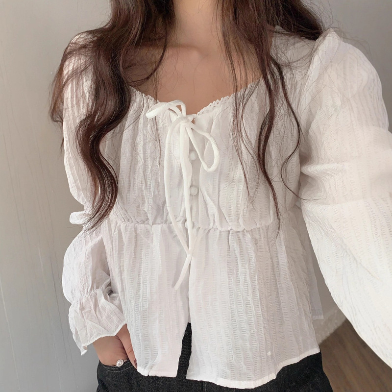 Lace Shirt Women's Korean Chic Loose Drawstring Strapless Pleated Short Bell-Sleeved Top