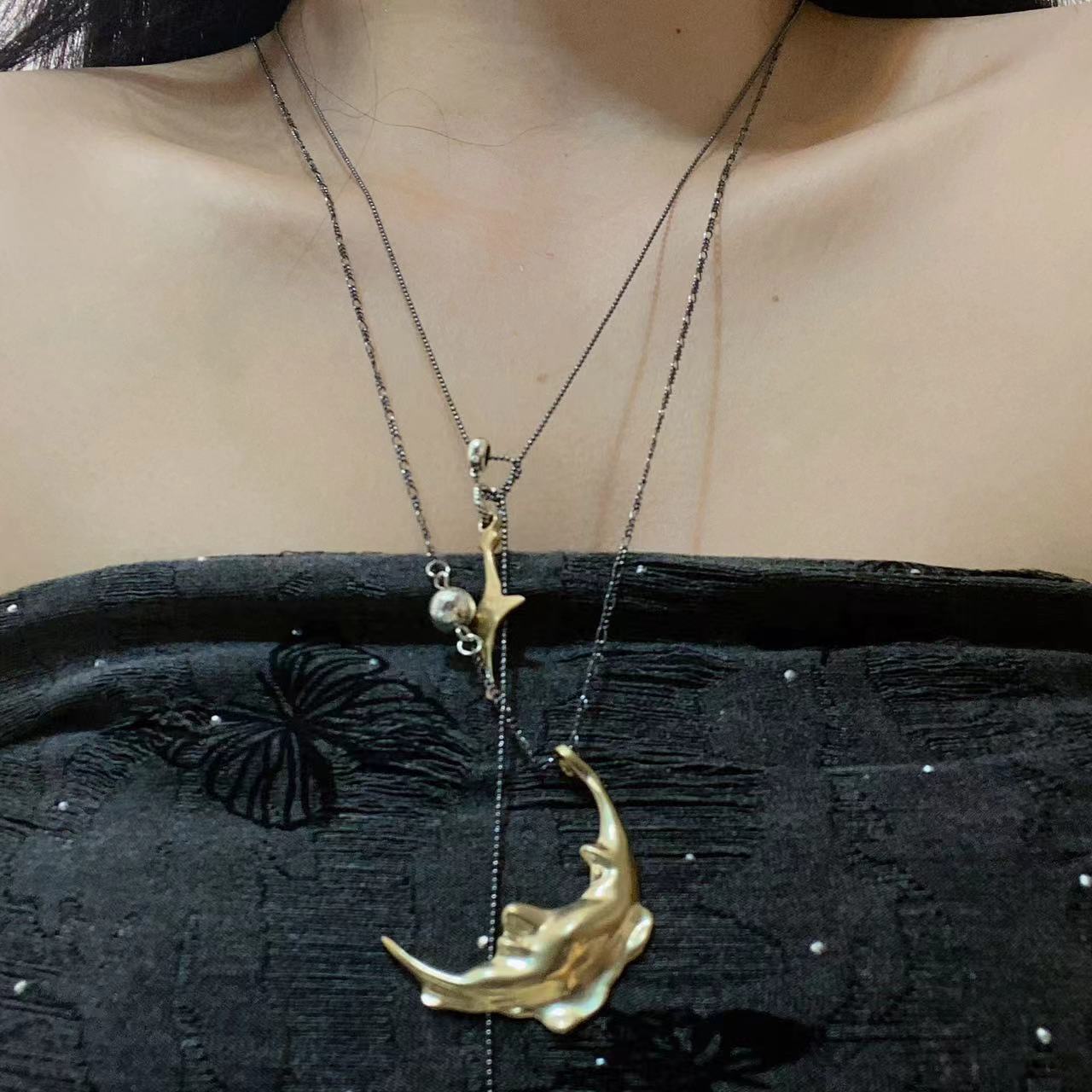 新中式黑金星月組合項鍊女復古月亮老人星星吊墜可調節疊戴毛衣鏈
