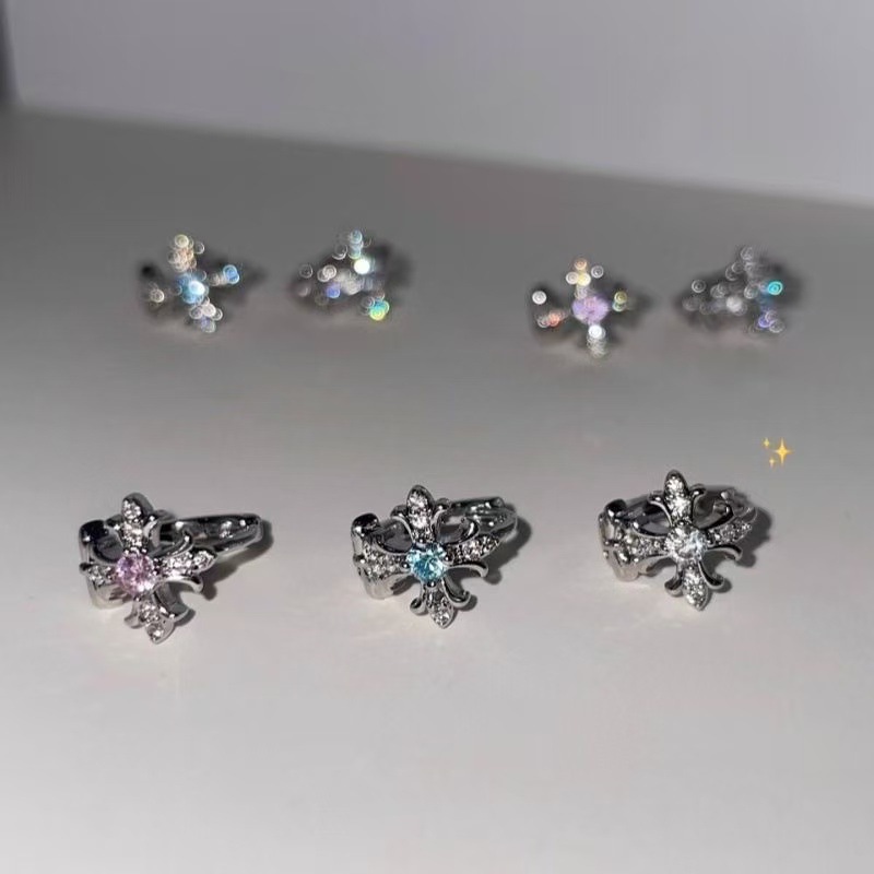 Eco-friendly copper earrings with exquisite full diamond iris cross design, unique niche style, sweet and cool ear cuffs and hoops
