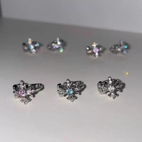 Eco-friendly copper earrings with exquisite full diamond iris cross design, unique niche style, sweet and cool ear cuffs and hoops