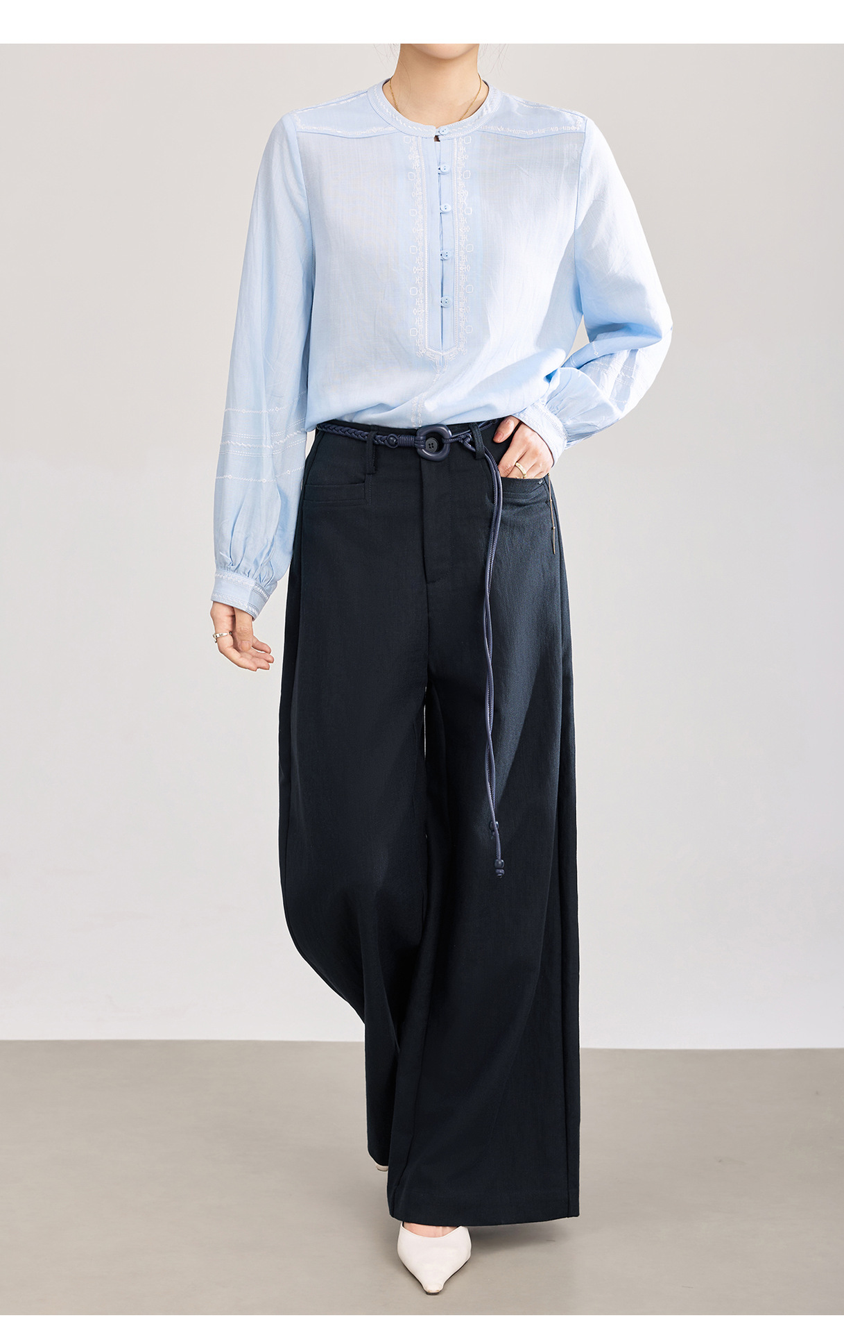 Quần culottes nữ ống rộng chất liệu cotton pha linen mát lạnh — Xanh lông mòng đen chi tiết 19