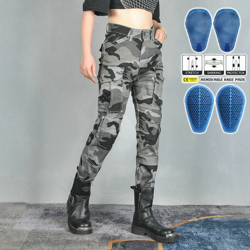 VOLERO motocicleta jeans Mujer Caballero camuflaje cintura alta transpirable motocicleta montar pantalones anti-caída equipo de protección de silicona