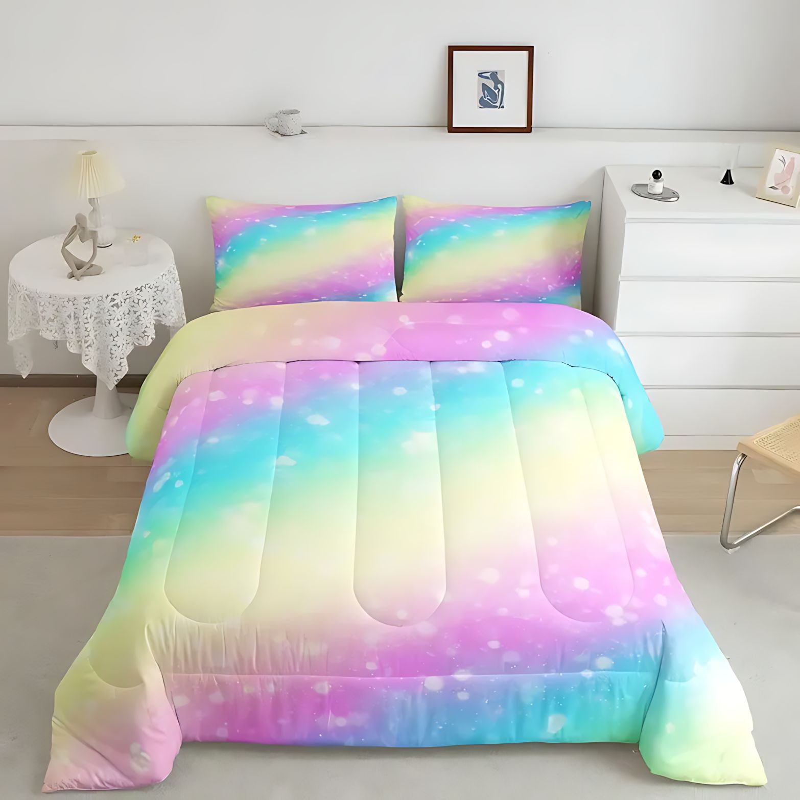 TEMU / JIT transfronterizo textil casero arco iris gradiente impresión digital 3D 180gms colchacha colchón conjunto de almohada se puede ajustar
