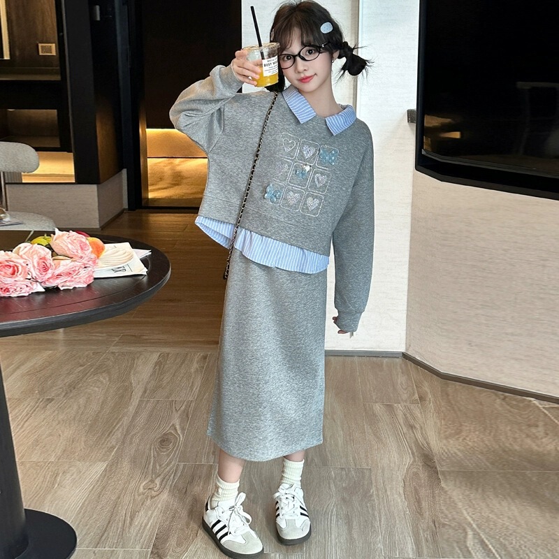 女童时尚韩版套装秋装新款洋气中大童假两件长袖卫衣半身裙两件套|undefined