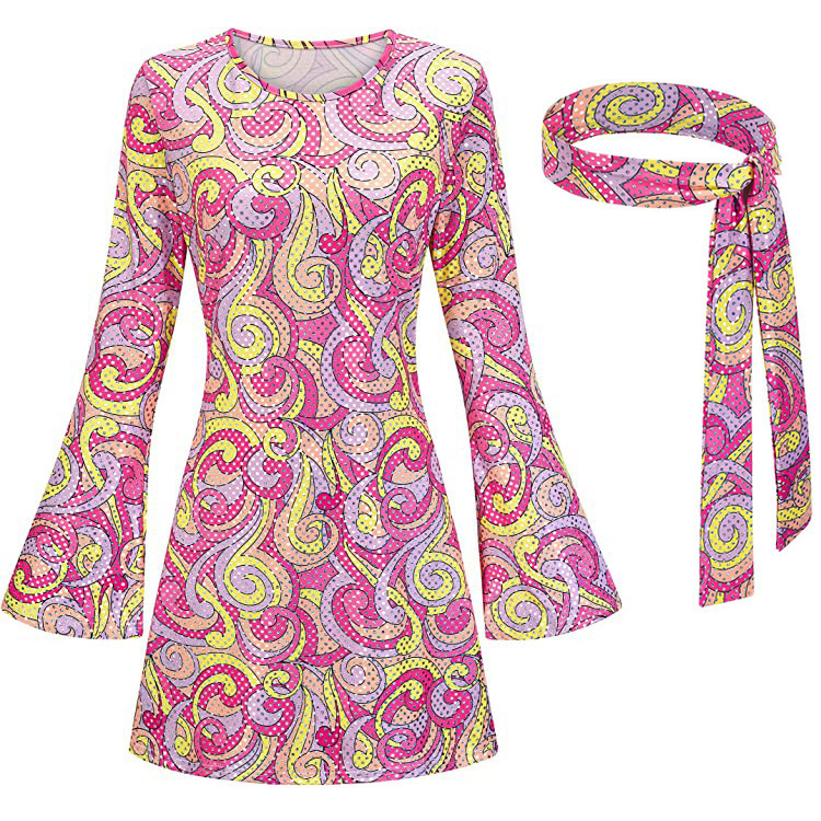 Cross-Border New Halloween 70S Hippie Disco Costume Gogo Dress Headscarf + Dress Two-Piece Set