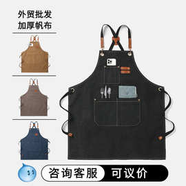 现货加厚帆布棉围裙定制印字咖啡美甲店工作服防水亚马逊跨境批发
