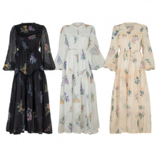 实拍法式加长款式蕾丝长袖系带连衣裙绝美碎花A摆法式裙子