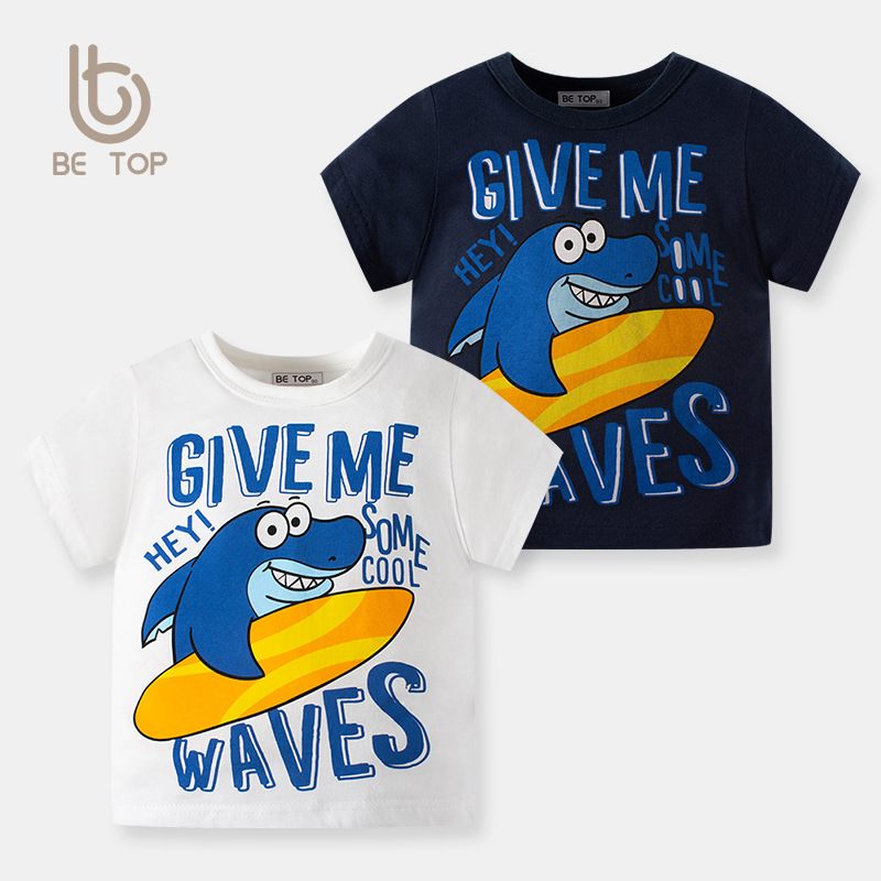 Personalizado verano nuevo estilo coreano niños manga corta dibujos animados patrón de tiburón bebé chaqueta de niño camiseta de algodón