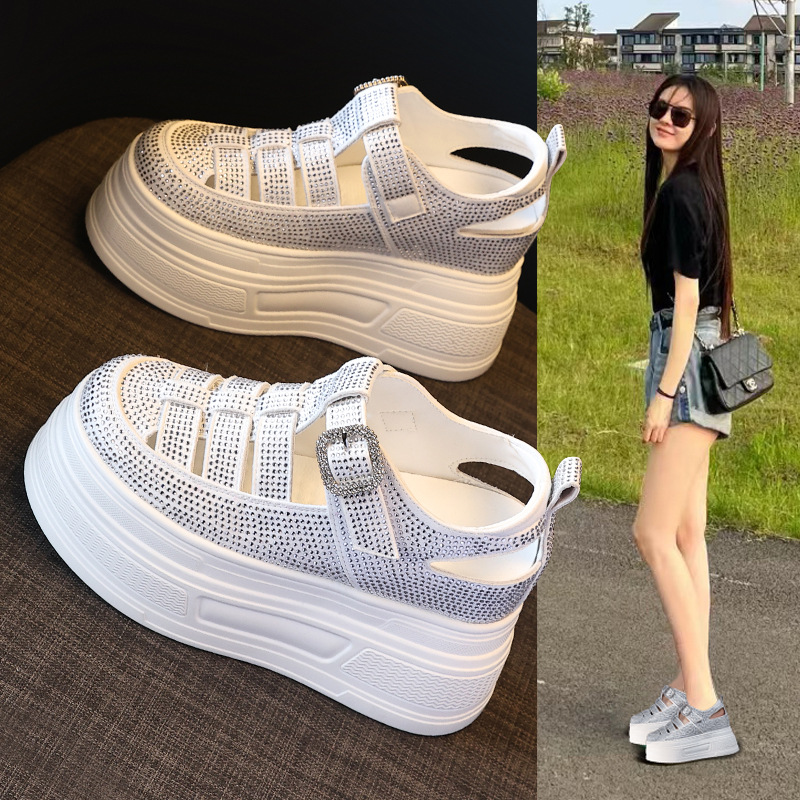 HC5520 Thick Sole Height Increasing Fashion Rhinestone Buckle Sandals Women's 2025 Summer New White Loaf White Shoes