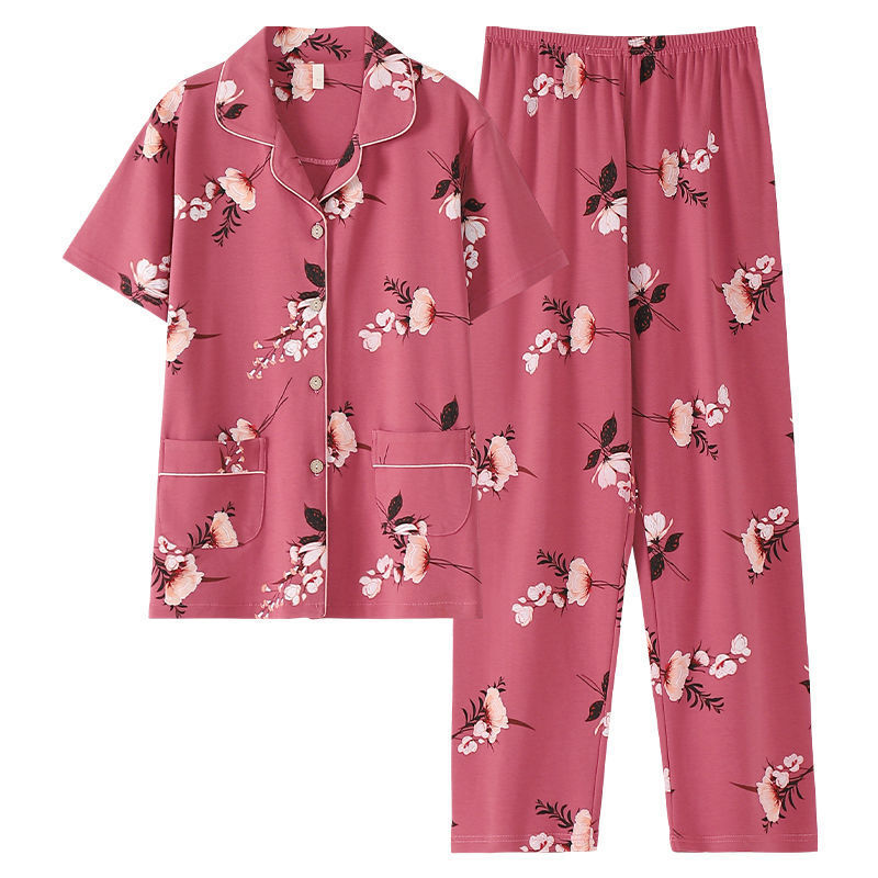 Pijama de algodón para mujer Pantalones de manga corta de verano más traje de chaqueta de mediana edad y madres de edad avanzada