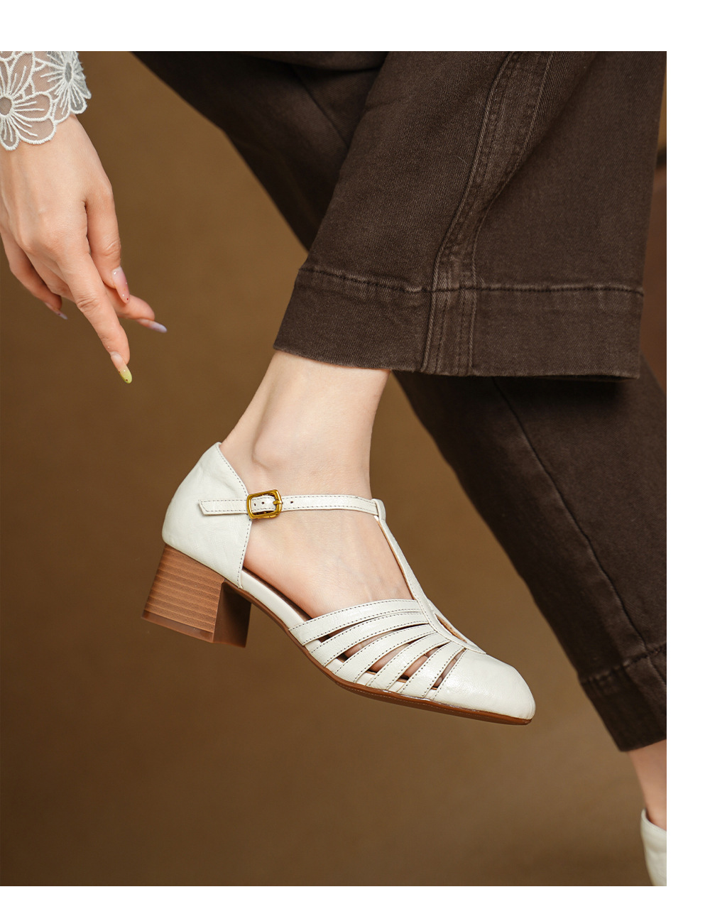 Sandal nữ da cừu bện quai chữ T mũi kín gót 4 cm — đen chi tiết 7