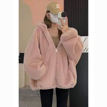 白枕鹤秋冬新款加棉加厚外套女宽松韩版连帽卫衣仿兔毛皮毛