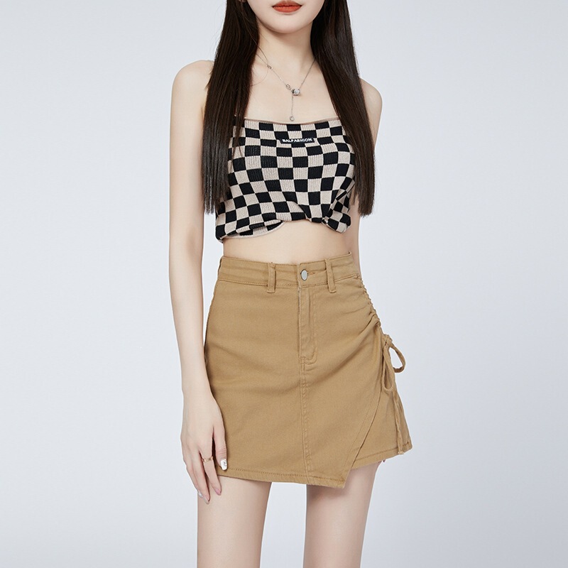 Khaki Denim Short Skirt Pants for Women, Summer Thin 2025 New Style, High-Waisted Design, Niche Drawstring A-Line Hot Girl Short Skirt Khaki Denim Short Skirt Pants for Women, Summer Thin 2025 New Style, High-Waisted Design, Niche Drawstring A-Line Hot Girl Short Skirt