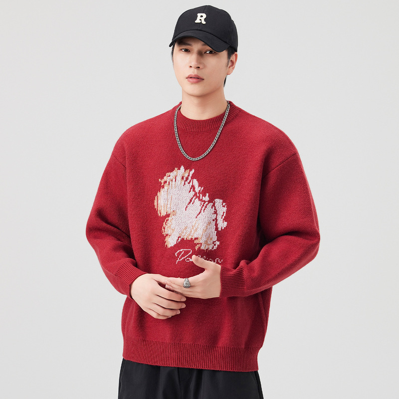 2025 Autumn and Winter New Printed Bottoming Sweater Men's Loose Round Neck Red Large Size Easiest for Match Sweater Top Wholesale
