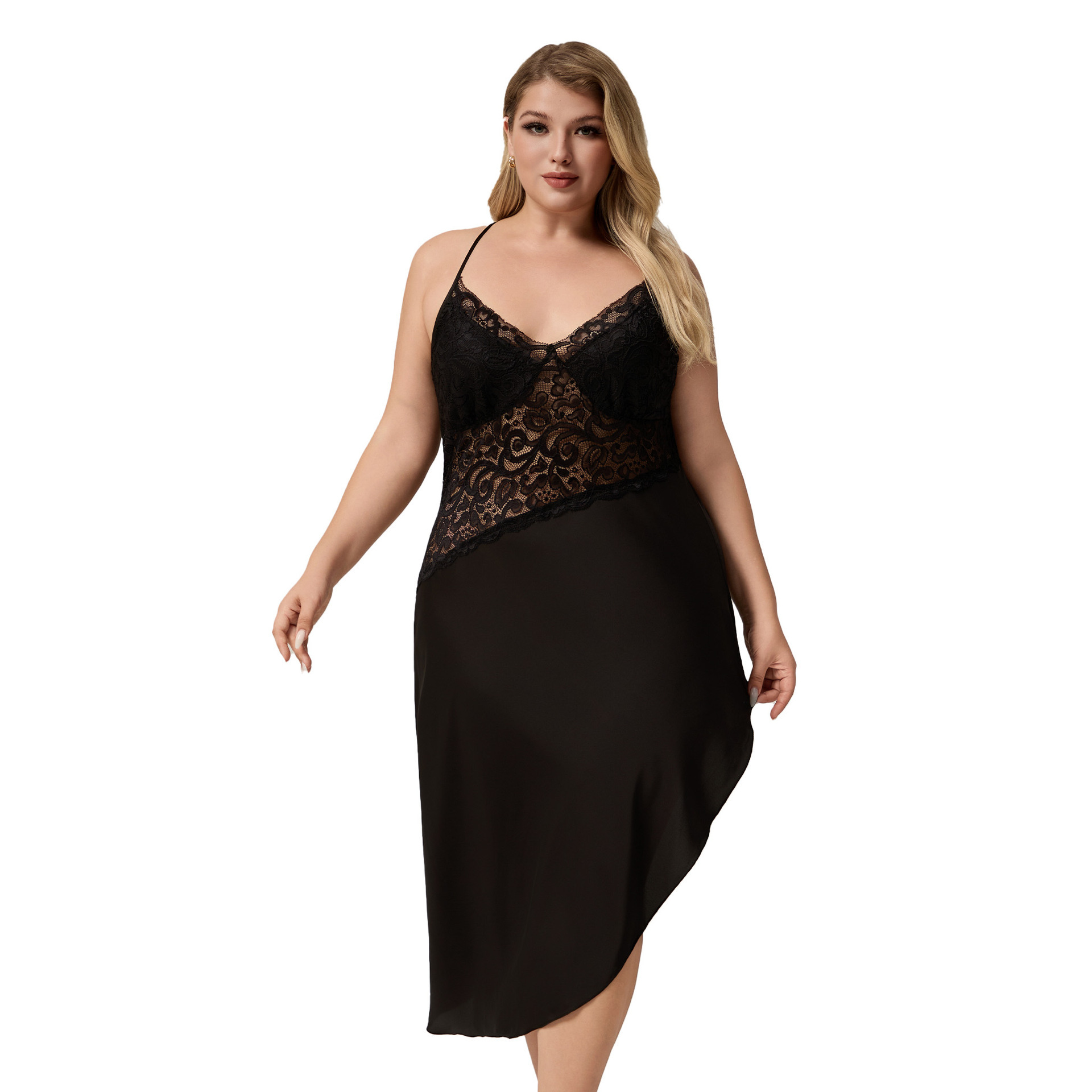 Yaoting transfronterizo de tamaño grande satén cabina pijama mujer verano damas encaje sexy pijama ropa larga para el hogar SQ5005