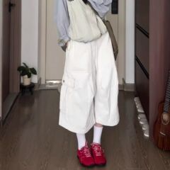 【广州新塘牛仔】美式白色大口袋工装七分牛仔裤女夏季阔腿直筒中