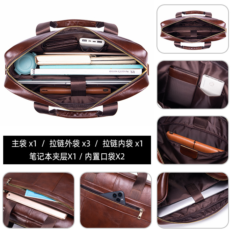 Cặp da nam công sở đựng laptop 15 inch da bò thật, quai xách tay và đeo vai — Màu cà phê, Màu đen