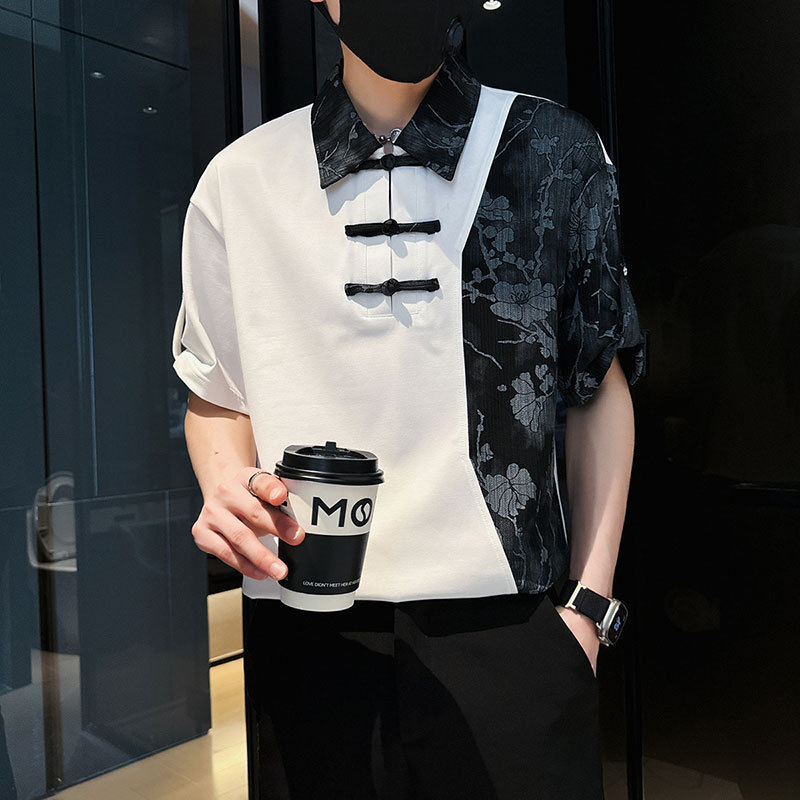 New Chinese Style Shirt Men's Short-sleeved Trendy Brand Casual Ripper Handsome Men's Top 2024 New Summer Contrast Color Half-sleeved Shirt