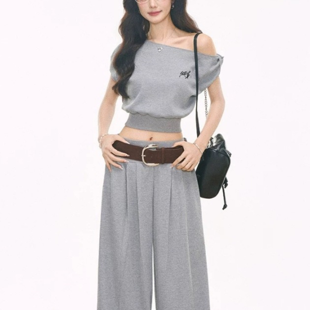 [4.13 New Product] Westayone Waffle Knit One-Shoulder Short-Sleeved T-Shirt Women's Casual Suit + Wide-Leg Pants