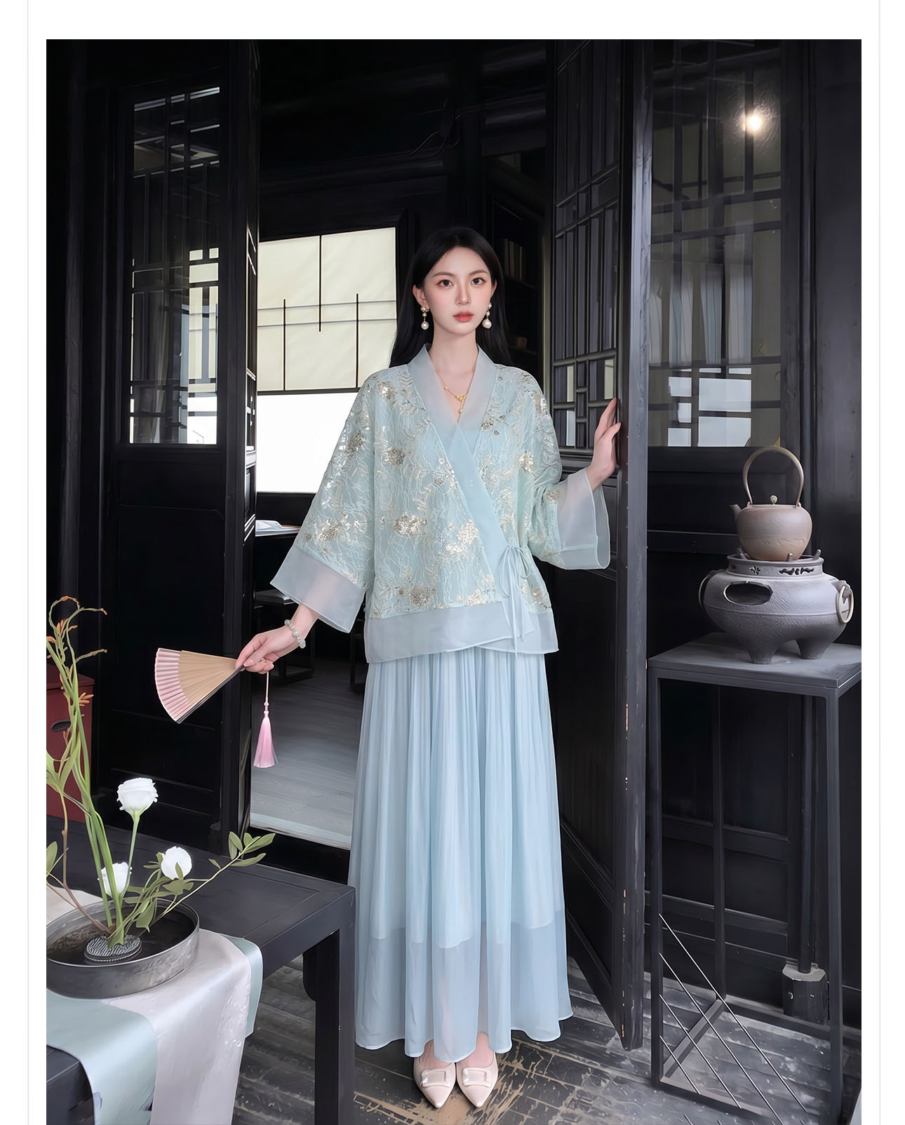 Bộ áo khoác ngoài và đầm dây phong cách Tân Trung Hoa thêu hoa sequin nặng — bộ đồ, đầm dây, áo khoác chi tiết 6