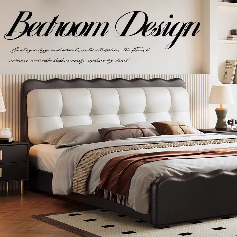 French Retro Black Puff Bed Cloud Master Bedroom Leather Bed Modern Simple Ripple Bed Internet Celebrity Soft Double Bed