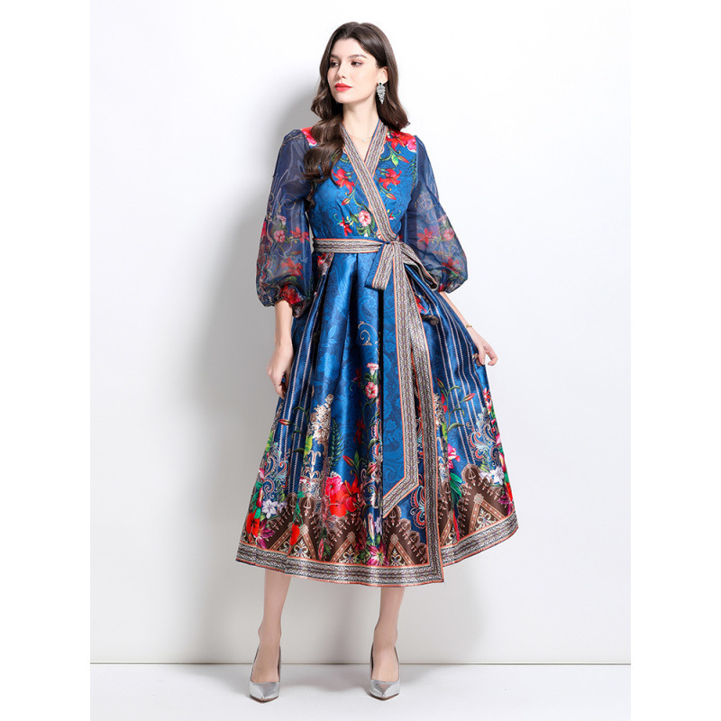Amazon AliExpress Explosions 2025 Spring New V-Neck Ethnic Style Printed Satin Wrap Long dress