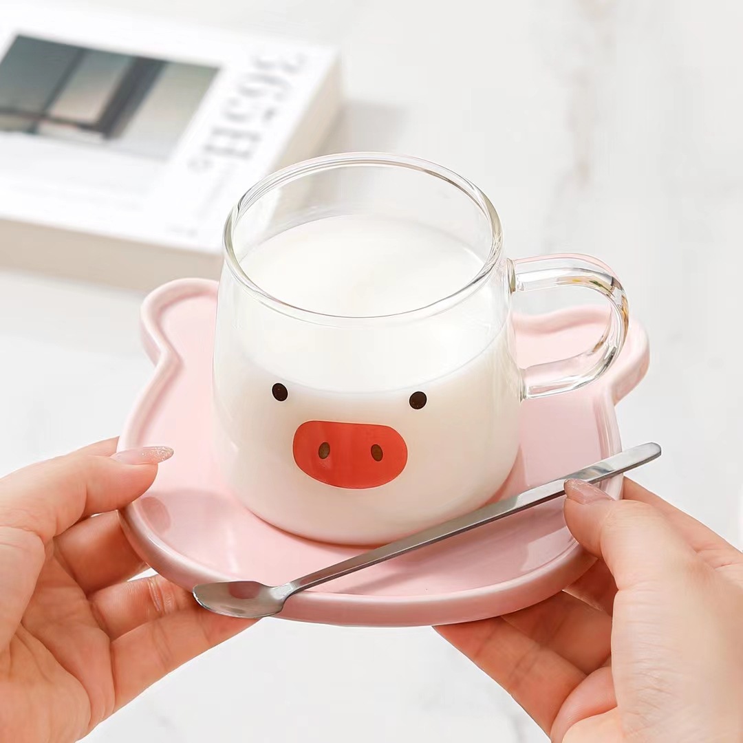 Creativo de alta apariencia de dibujos animados lindo animal expresión TAZA de vidrio taza de té de la tarde taza de café y platillo traje de combinación