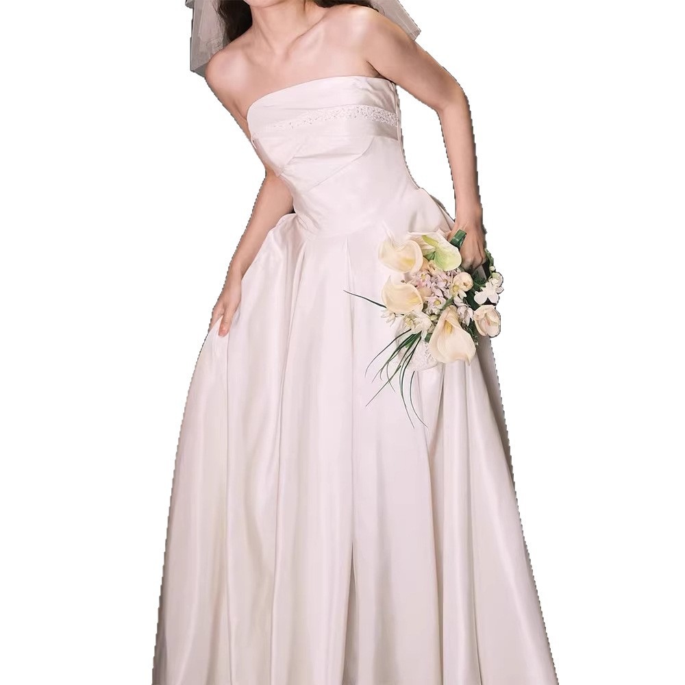 Strapless Light Wedding Dress, Simple Satin, Petite Bride, White Gown For Engagement And Marriage Registration, Elegant Wedding Dress For Going Out._ecoleips.com