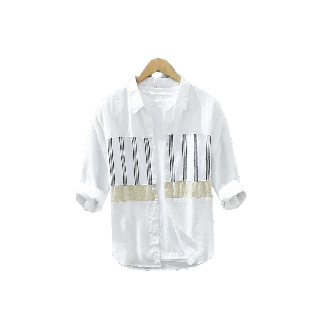 2026 Men's Loose-Fit Trendy Casual Japanese Style Patchwork Three-Quarter Sleeve Linen Shirt, Wholesale Available_viptrois.com