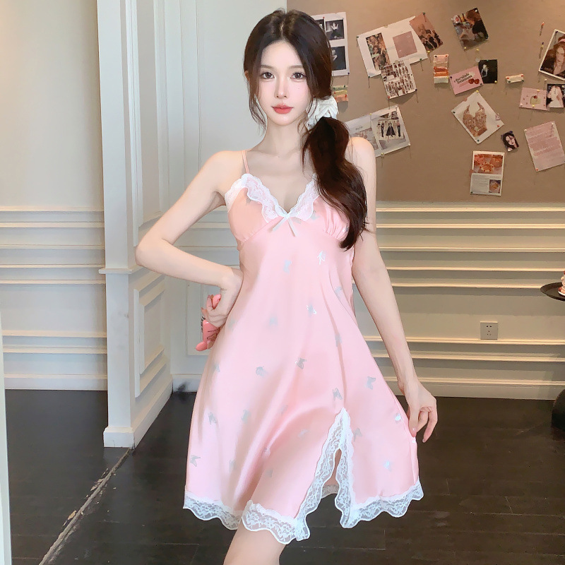 Verano con cojín de pecho pijama de chicas mariposa impresión de plata escaldado pijama de seda de hielo y nieve vestido de cinturón sexy pura ropa para el hogar