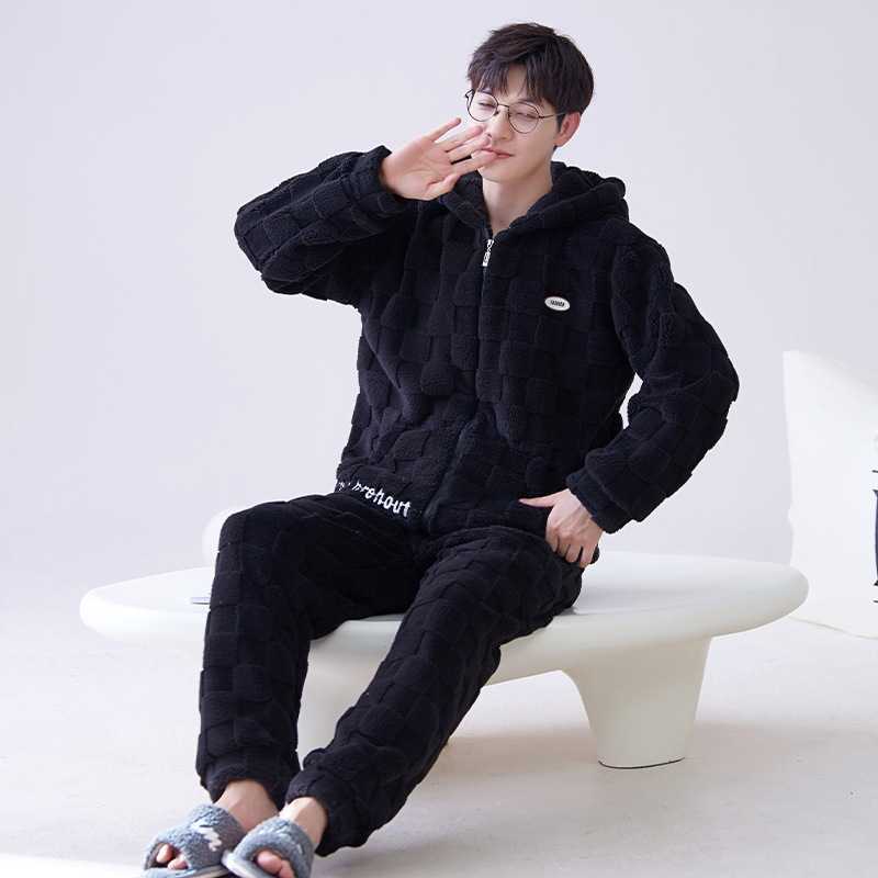 Pijamas Otoño e Invierno de los hombres de lana de coral forrado de lana gruesa caliente con capucha franela suelta más tamaño homewear traje