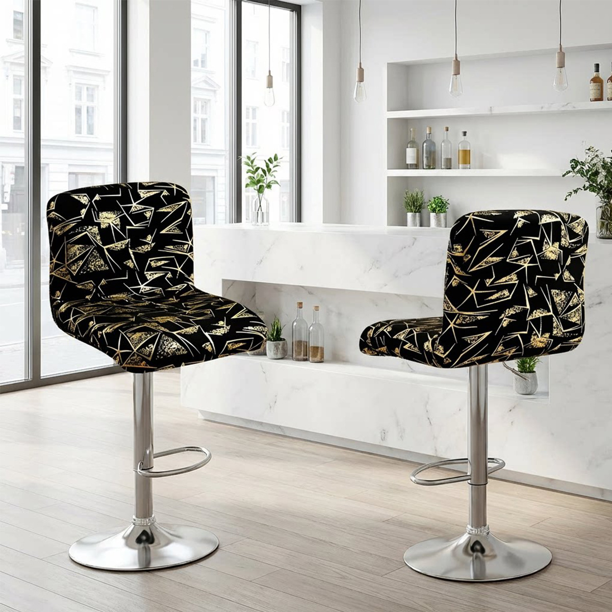 Amazon Cross-border bronceen seda de leche geométrica cubierta de silla de respaldo corto Taburete alto europeo y americano mesa de bar café Internet cubierta de silla elástica