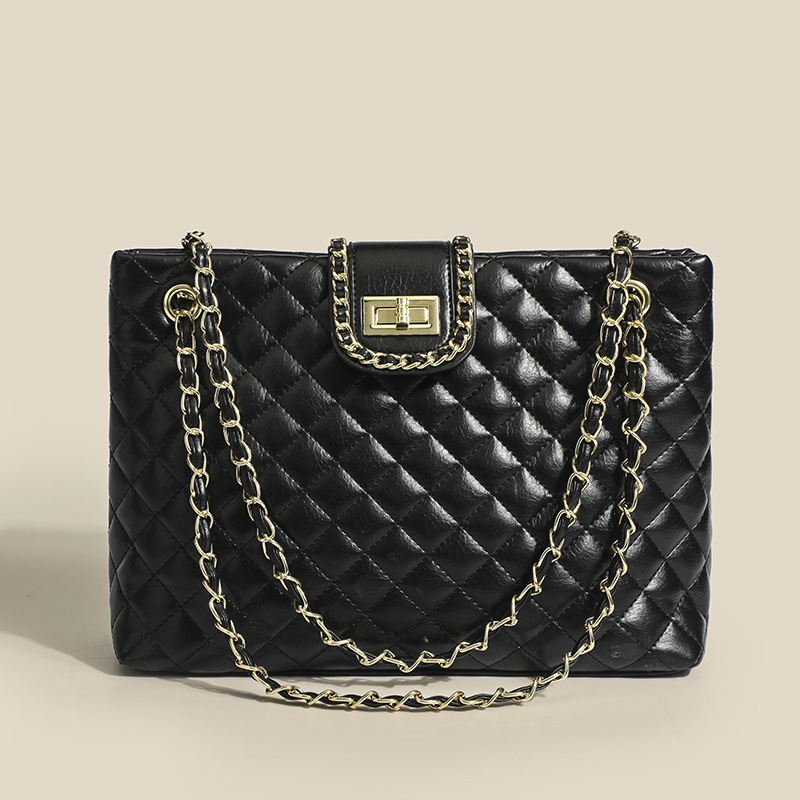 2023新款大容量托特包时尚菱格链条单肩包潮流手提通勤包包女批发